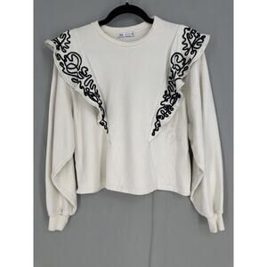 Zara Sweatshirt Womens Small Cream Ruffle Black Western Boho Embroidered Boxy